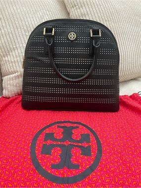 Tory Burch Black Perforated Dome Satchel with Gold Logo